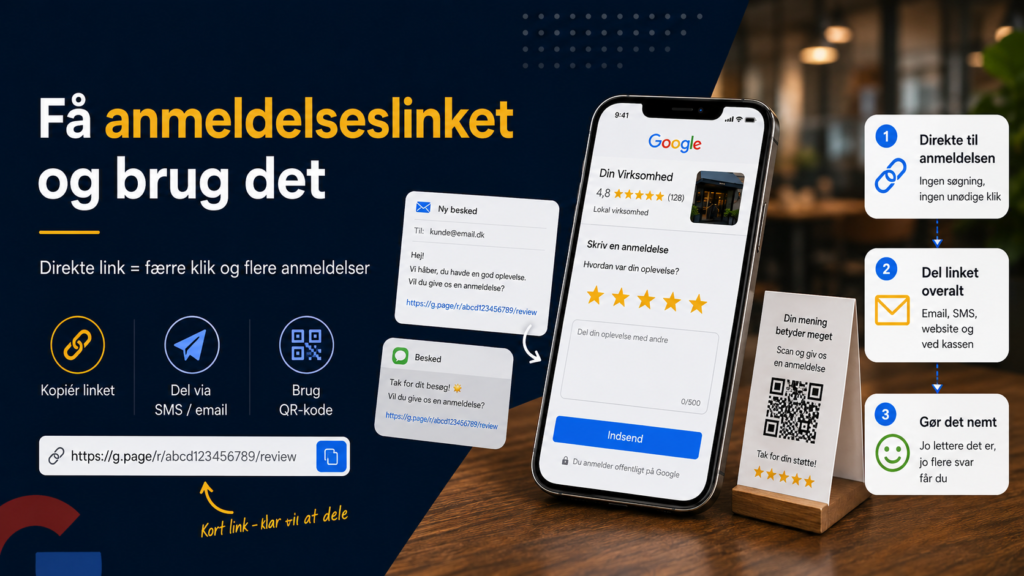 anmeldelseslink til Google Business Profile, der gør det lettere for kunder at skrive anmeldelser og hjælper virksomheder med at få flere Google-anmeldelser.