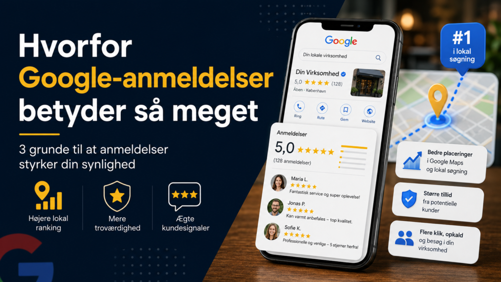 Illustration, der viser hvorfor Google-anmeldelser betyder så meget for lokal synlighed, troværdighed og kundetillid, og hvordan man kan få flere Google-anmeldelser.