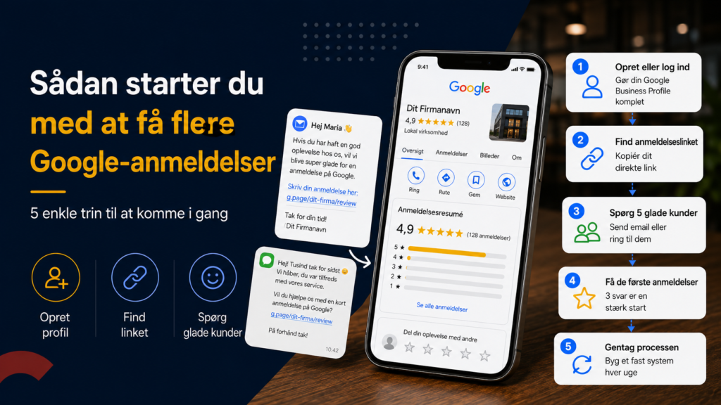 Sådan kommer du i gang med at få flere Google-anmeldelser ved at oprette din Google Business Profile, finde anmeldelseslinket og bede glade kunder om en anmeldelse.