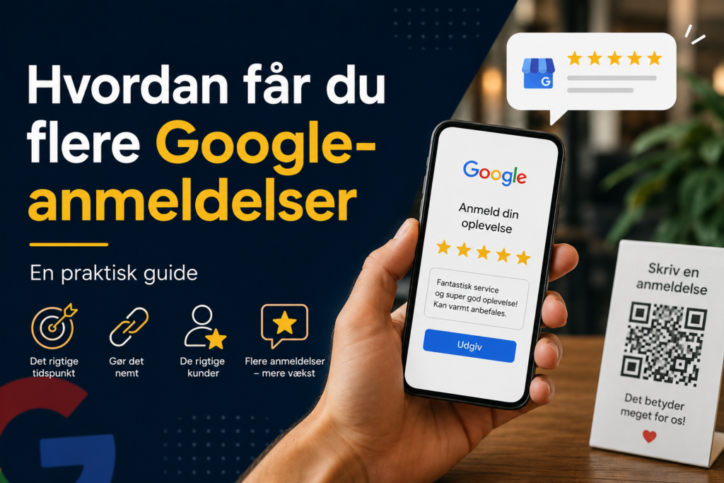 Moderne illustration af Google-anmeldelser, fem stjerner og lokal SEO for mindre virksomheder i Danmark.