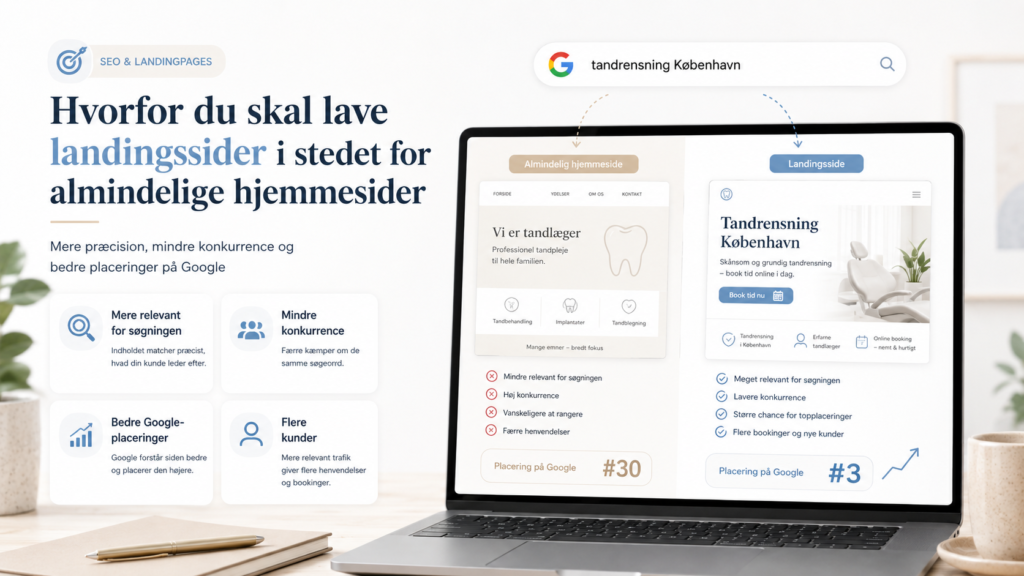 Hvorfor du skal lave landingssider i stedet for almindelige hjemmesider vist som et lyst og moderne billede med sammenligning mellem en generel hjemmeside og en målrettet landingsside.
