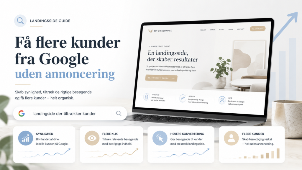 Landingsside: Få flere kunder fra Google uden annoncering vist som et lyst og moderne featured image med laptop, hjemmeside-layout og SEO-elementer.