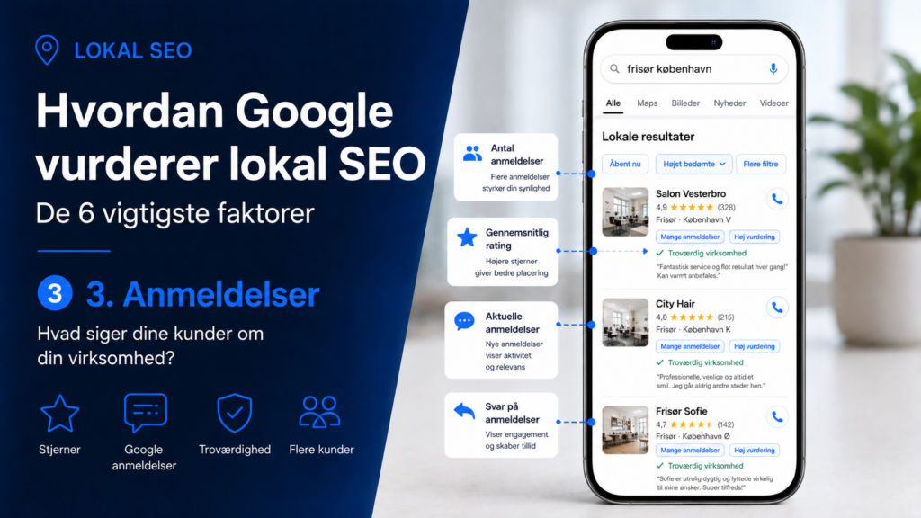 Lokal SEO anmeldelser forklaret med Google rating, stjerner, kundefeedback og troværdighed i lokale søgeresultater