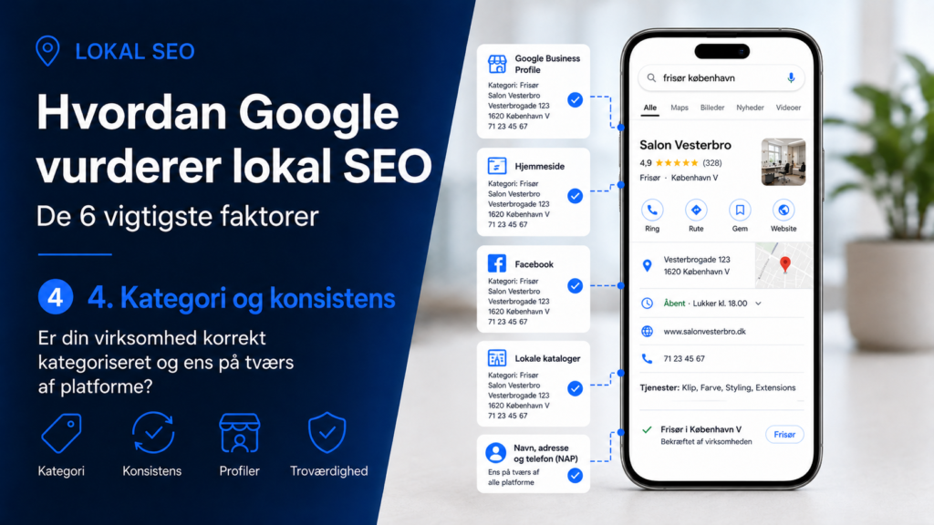 Lokal SEO kategori og konsistens forklaret med Google Business Profile, NAP-data, Facebook, hjemmeside og lokale kataloger