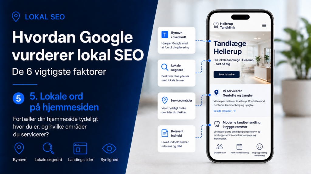 Lokal SEO med lokale ord på hjemmesiden, bynavne, serviceområder, lokale søgeord og landingssider