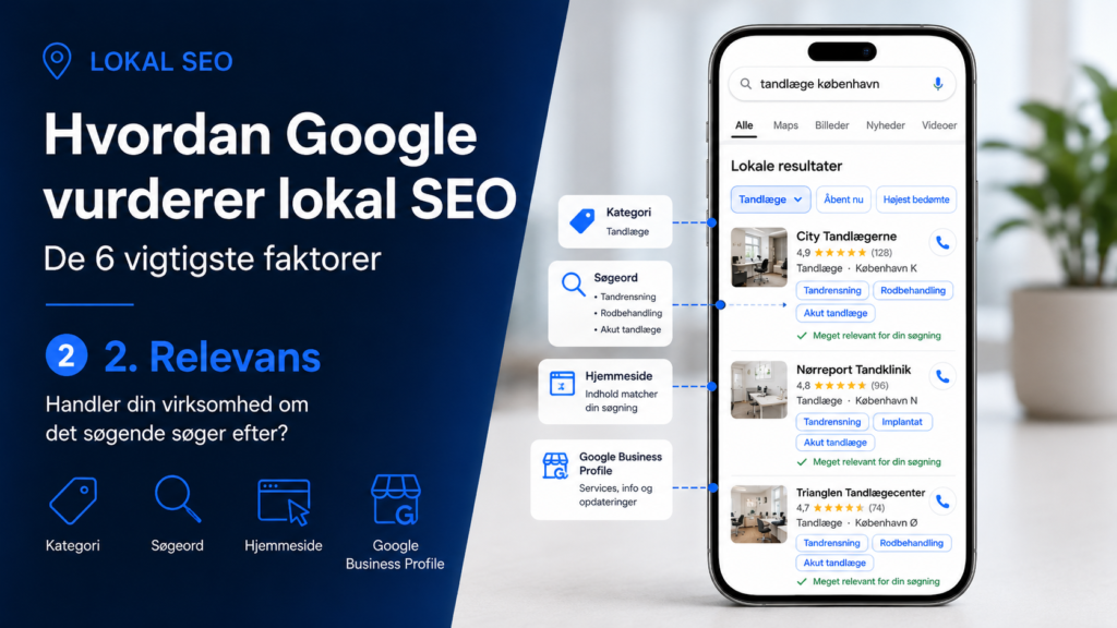 Lokal SEO relevans forklaret med Google Business Profile, søgeord, kategori og lokale søgeresultater