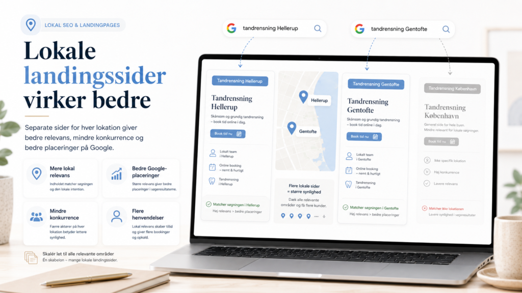 Lokale landingssider virker bedre vist som et lyst og moderne billede med separate landingssider for Hellerup og Gentofte samt fokus på lokal SEO.