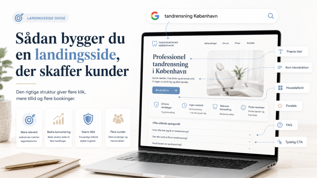 Sådan bygger du en landingsside, der skaffer kunder vist som et lyst og moderne featured image med laptop, tydelig sidestruktur og fokus på konvertering.